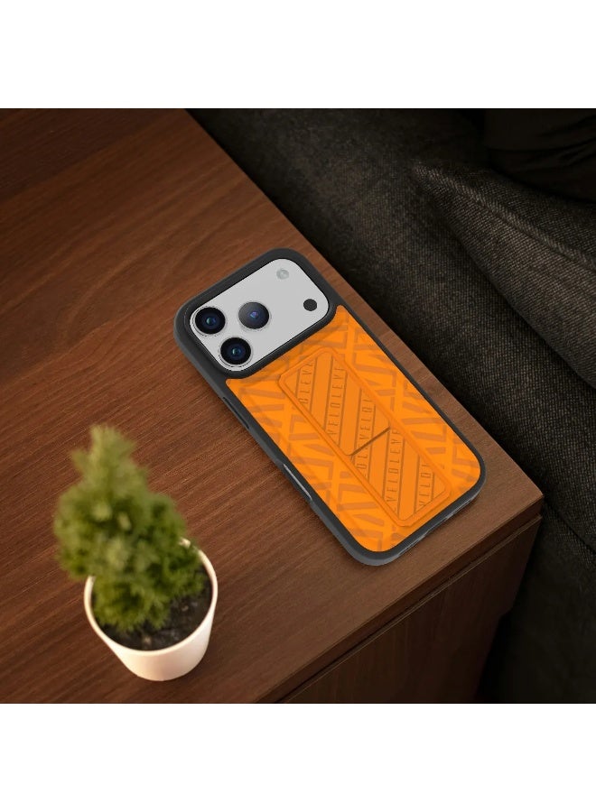 LEVELO iPhone 17 Pro Max Case Morphix Cuero Gripstand With Magnetic Strap For Secure Hold & Horizontal & Vertical Stand / Raised Edges / One-Hand Grip / Shock-Resistant Bumper / Luxury Printed Branding Back Cover / Slim Fit Design - Sunrise Orange - Image 4