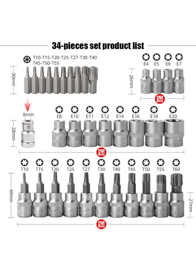 RVETEE 34 Pieces Torx Star Sockets Bit Set E-Security Bits - Image 3
