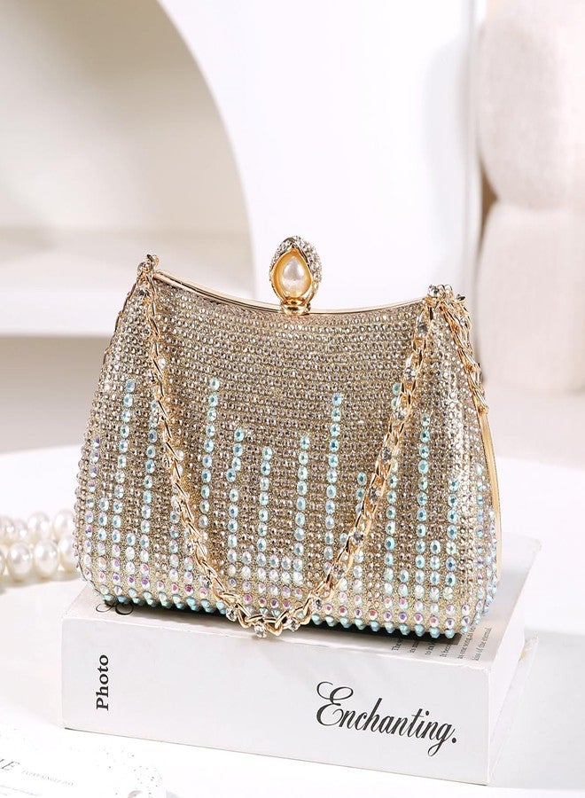 Dreubea Womens Fashion Rhinestone Evening Handbag with Chain Shiny Tote Clutch Bag Golden - Image 4