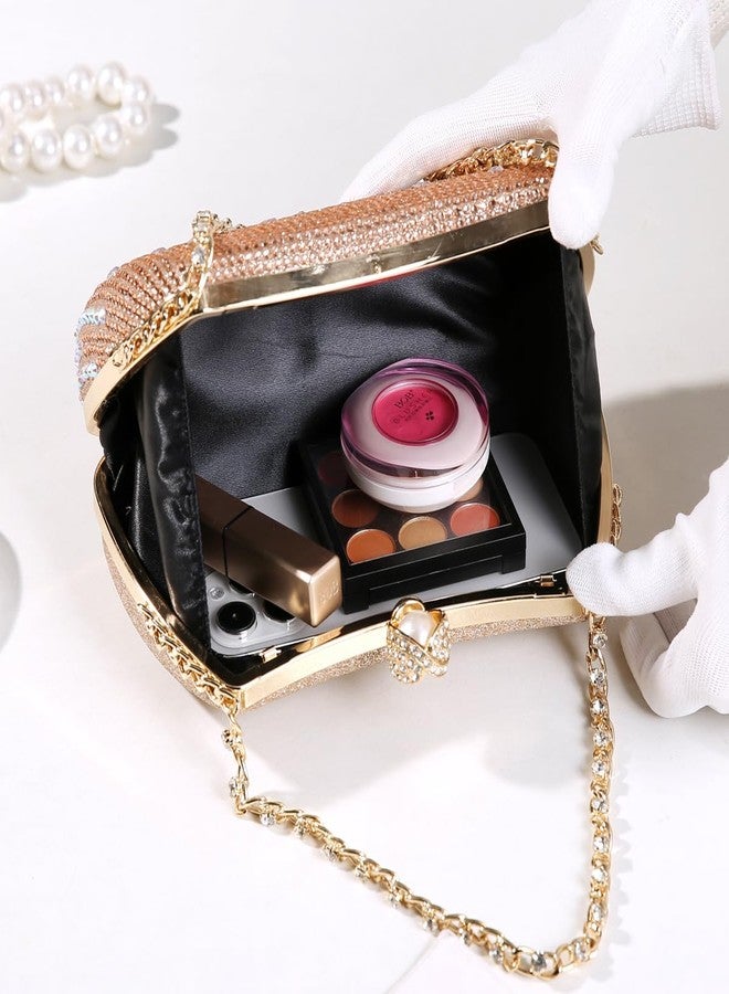 Dreubea Womens Fashion Rhinestone Evening Handbag with Chain Shiny Tote Clutch Bag Golden - Image 3