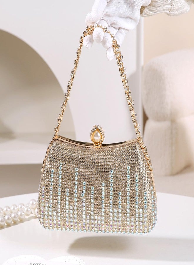Dreubea Womens Fashion Rhinestone Evening Handbag with Chain Shiny Tote Clutch Bag Golden - Image 2
