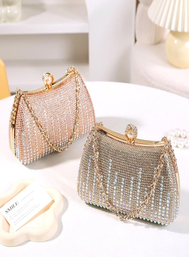 Dreubea Womens Fashion Rhinestone Evening Handbag with Chain Shiny Tote Clutch Bag Golden - Image 5