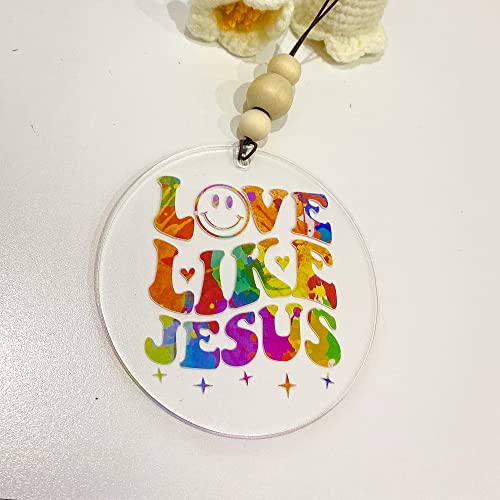Talataca Christian 2D Flat Car Ornament & Wood Beads, Love Like Jesus, Bible Verse Beaded Rear View Mirror Accessories, Rearview Hanging Charm, Christmas Tree Decor, Religious Gift - Image 5
