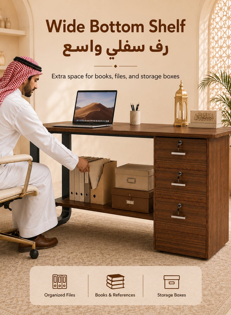 قف مكتب منزلي خشبي 120×50×75 سم مع 3 أدراج قابلة للقفل ورف تخزين سفلي، مكتب كمبيوتر ودراسة بهيكل فولاذي، طاولة كتابة للعمل وغرفة النوم والمكتب، لون جوز - Image 2
