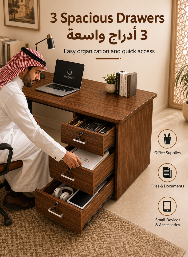 قف مكتب منزلي خشبي 120×50×75 سم مع 3 أدراج قابلة للقفل ورف تخزين سفلي، مكتب كمبيوتر ودراسة بهيكل فولاذي، طاولة كتابة للعمل وغرفة النوم والمكتب، لون جوز - Image 4
