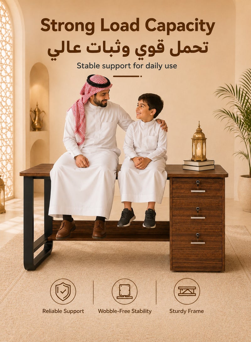 قف مكتب منزلي خشبي 120×50×75 سم مع 3 أدراج قابلة للقفل ورف تخزين سفلي، مكتب كمبيوتر ودراسة بهيكل فولاذي، طاولة كتابة للعمل وغرفة النوم والمكتب، لون جوز - Image 5