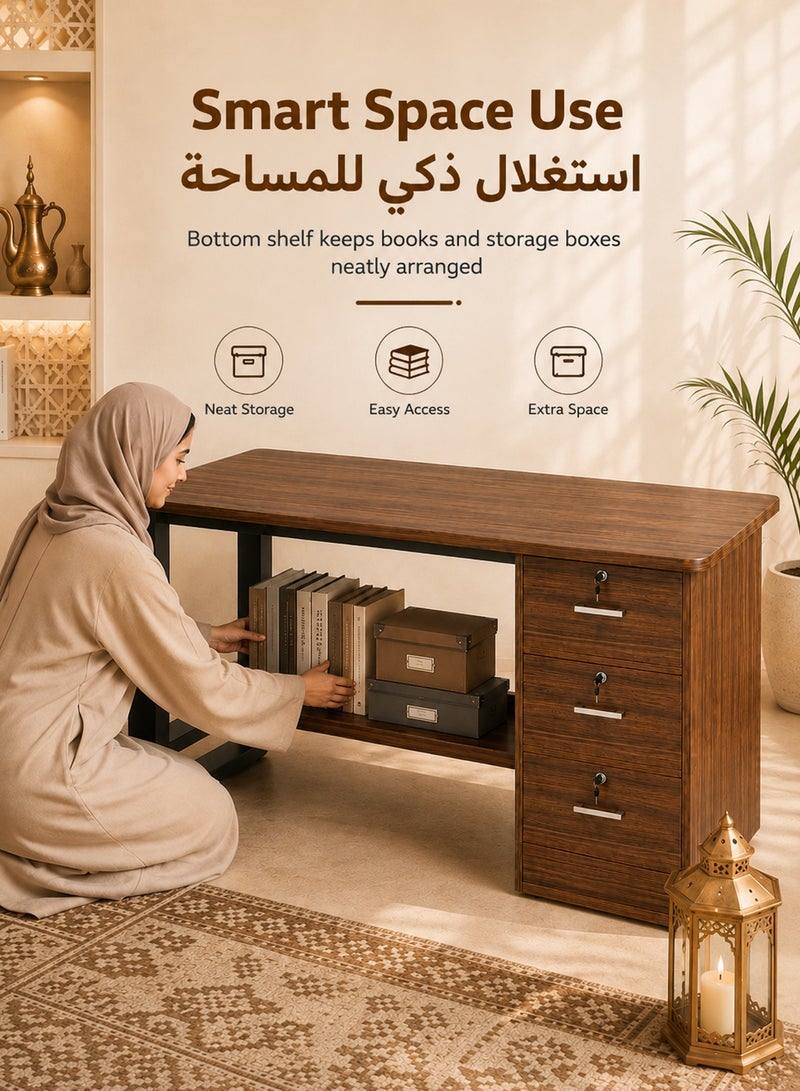 قف مكتب منزلي خشبي 120×50×75 سم مع 3 أدراج قابلة للقفل ورف تخزين سفلي، مكتب كمبيوتر ودراسة بهيكل فولاذي، طاولة كتابة للعمل وغرفة النوم والمكتب، لون جوز - Image 3
