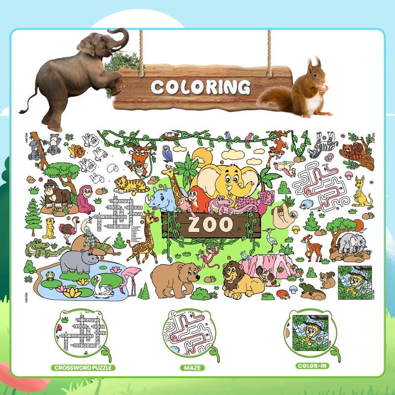 Drunze Giant Coloring Poster,35x72Inch Zoo Animal Activity Drawing Paper Coloring Table Cover,DIY Zoo Poster Table Cloth Art Crafts Coloring Mat for Kids,Home Classroom Party Decorations Suppiles - Image 3