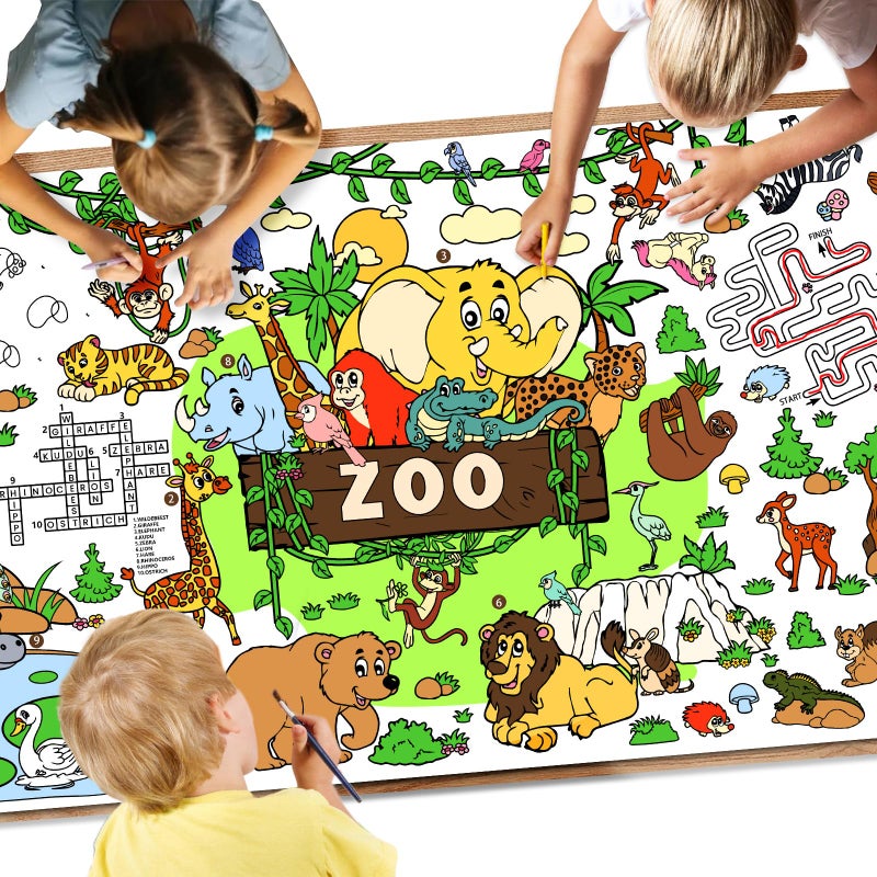 Drunze Giant Coloring Poster,35x72Inch Zoo Animal Activity Drawing Paper Coloring Table Cover,DIY Zoo Poster Table Cloth Art Crafts Coloring Mat for Kids,Home Classroom Party Decorations Suppiles - Image 1