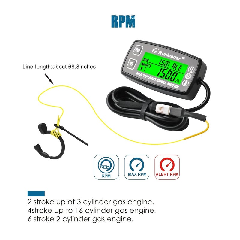 Runleader Digital Tach Hour Meter with Engine Temperature Gauge and RPM Alert - Image 3