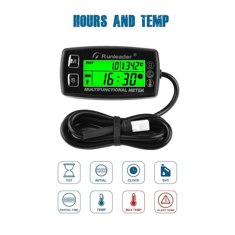 Runleader Digital Tach Hour Meter with Engine Temperature Gauge and RPM Alert - Image 2
