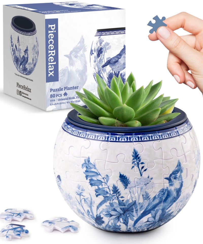 PieceRelax 3D Puzzle Planter 80 Pieces - Flower Pot - Oriental Birds and Flowers, Home Decor Flower Pots for Indoor Cactus, Succulents Pots [K1115] - Image 1