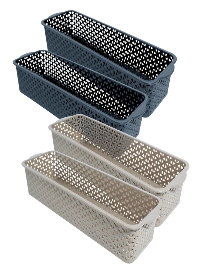 MORVI Storex Multi-Purpose Plastic Storage Basket|Durable Stackable Organizer Tokri For Home,Kitchen,Bathroom & Office| Drawer Tray,Cutlery,Cosmetics,Stationery|Set Of 4|Black Coffee - Image 1