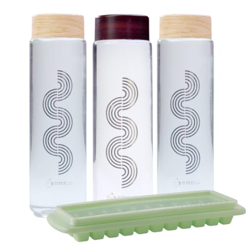 SCL Steelo Only Plastic Bottles 1 litre Set of 3 with 1 Free Ice Tray, BPA Free Food Grade PET Material Leak Proof Wide Mouth Bottles for Home, Fridge & Travel (Clear and wooden color cap) - Image 1