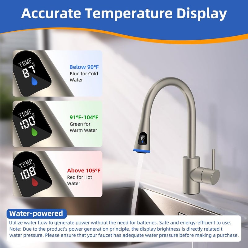 Hibbent Pull Down Kitchen Faucet Head Replacement, 4 Function LED Temperature Display Sink Spray Nozzle with 15 Adapters, Compatible with Moen, American Standard, Delta, Kohler Faucets, Brushed Nickel - Image 2