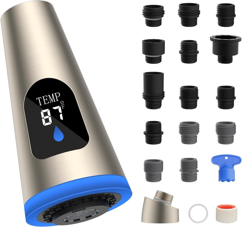 Hibbent Pull Down Kitchen Faucet Head Replacement, 4 Function LED Temperature Display Sink Spray Nozzle with 15 Adapters, Compatible with Moen, American Standard, Delta, Kohler Faucets, Brushed Nickel - Image 1