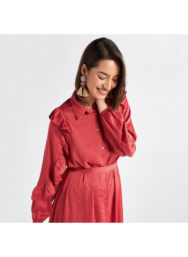 سبلاش فيڤ فستان ميدي مخطط غير متماثل بأكمام مكشكشة - Image 4