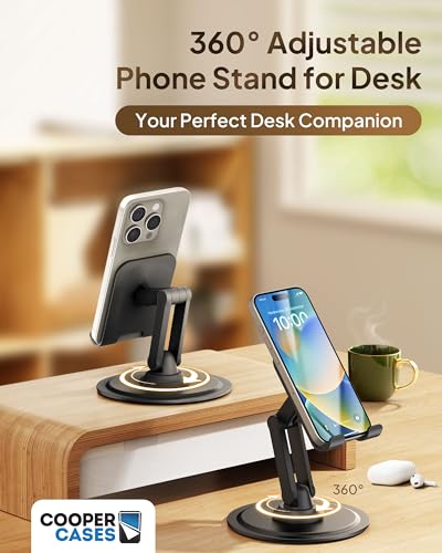 COOPER 360 Stand Rotating Cell Phone Stand for Desk Sturdy Metal Base Foldable Portable Cell Phone Holder for Desk Piano Black - Image 3