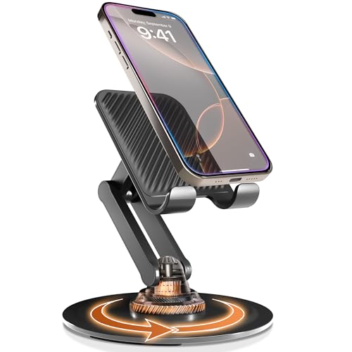 COOPER 360 Stand Rotating Cell Phone Stand for Desk Sturdy Metal Base Foldable Portable Cell Phone Holder for Desk Piano Black - Image 1