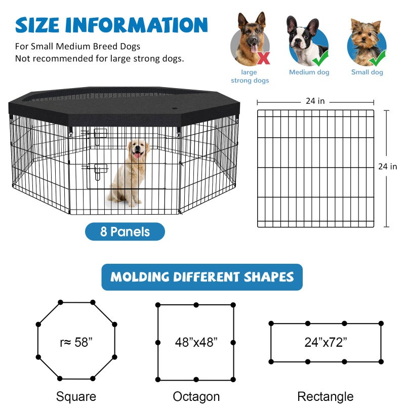 Peekaboo Dog Pen Pet Playpen Dog Fence Indoor Foldable Metal Wire Exercise Puppy Play Yard Pet Enclosure Indoor Outdoor 8 Panels 24 Inch with Bottom Pad/Top Cover (Black with top Cover) - Image 2