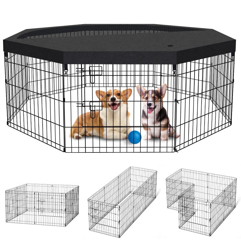 Peekaboo Dog Pen Pet Playpen Dog Fence Indoor Foldable Metal Wire Exercise Puppy Play Yard Pet Enclosure Indoor Outdoor 8 Panels 24 Inch with Bottom Pad/Top Cover (Black with top Cover) - Image 1
