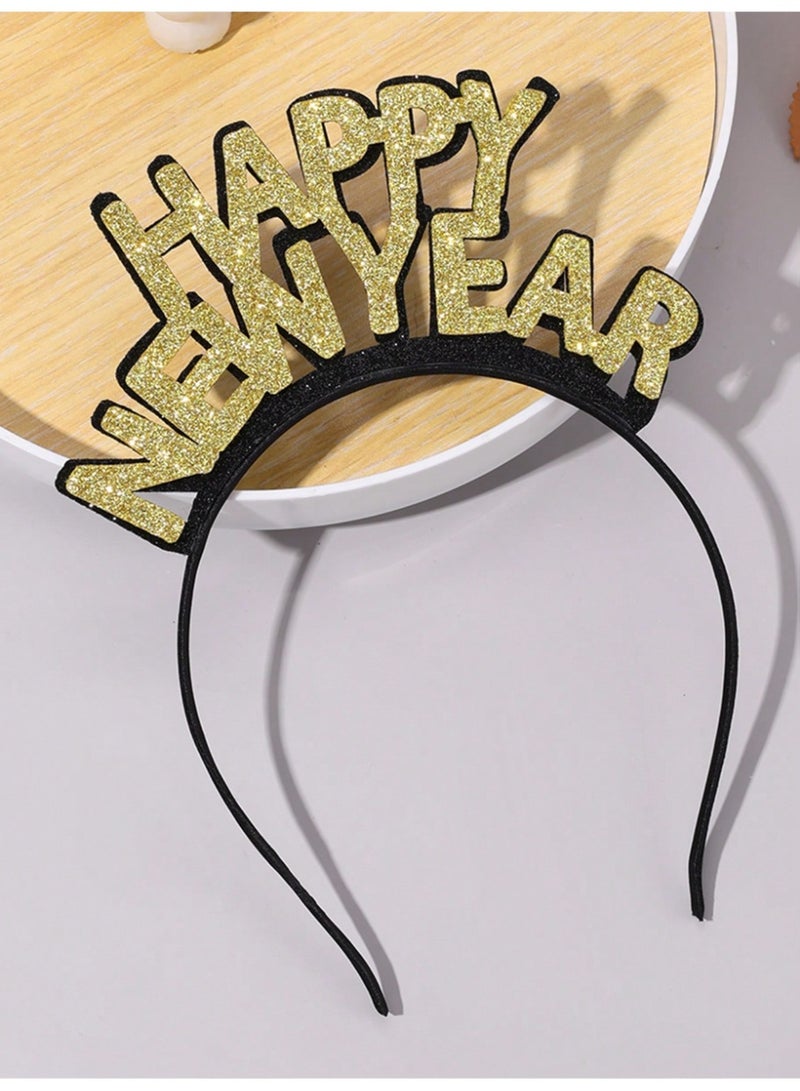 زينة راس السنة الجديدة 2026 طوق شعر بعبارة عام جديد سعيد بلون ذهبي لامع - Image 1