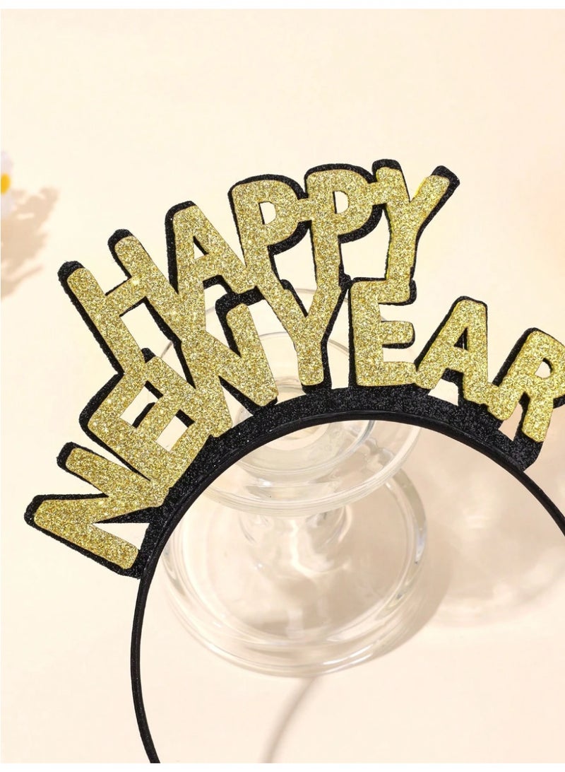 زينة راس السنة الجديدة 2026 طوق شعر بعبارة عام جديد سعيد بلون ذهبي لامع - Image 2