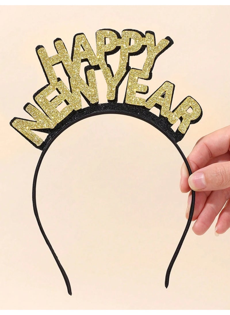 زينة راس السنة الجديدة 2026 طوق شعر بعبارة عام جديد سعيد بلون ذهبي لامع - Image 4