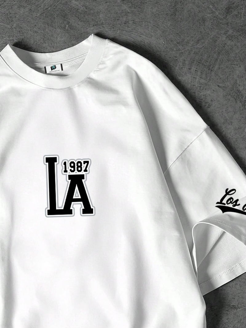 SXV STYLE Men Cotton 'Los Angeles LA 1987' Printed Cool Aesthetic Oversized Baggy T-Shirt (in,Alpha,XL,Regular,White) - Image 3