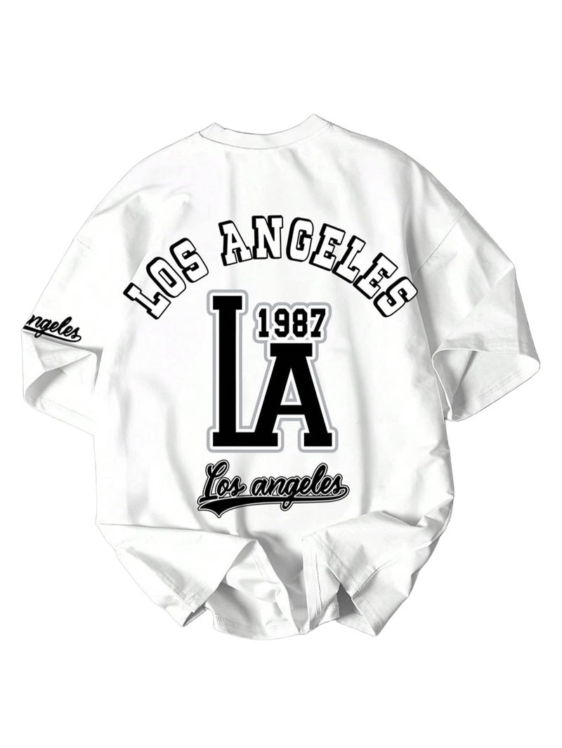 SXV STYLE Men Cotton 'Los Angeles LA 1987' Printed Cool Aesthetic Oversized Baggy T-Shirt (in,Alpha,XL,Regular,White) - Image 1