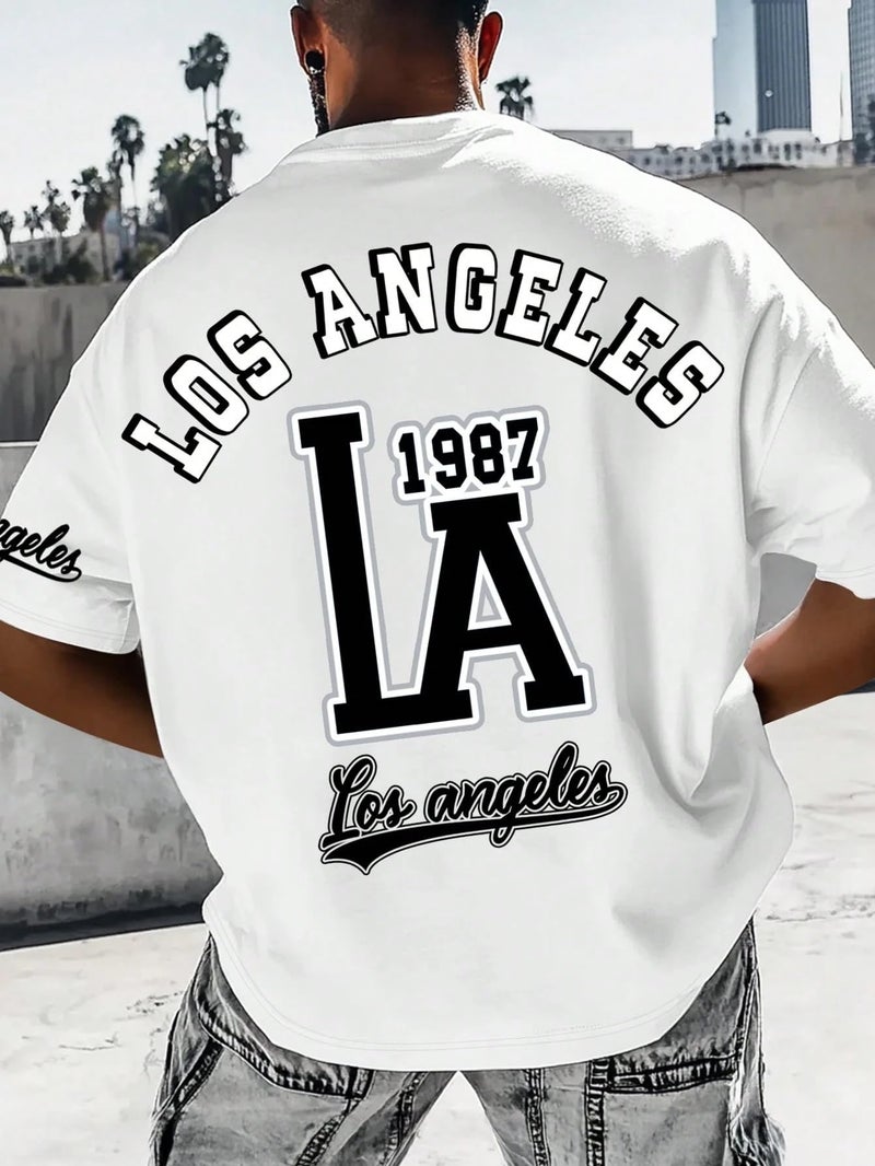 SXV STYLE Men Cotton 'Los Angeles LA 1987' Printed Cool Aesthetic Oversized Baggy T-Shirt (in,Alpha,XL,Regular,White) - Image 4
