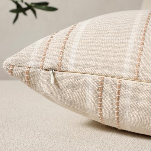 Hckot Throw Pillow Covers 12x20 Set of 2 Striped Pillow Covers Textured Linen Decorative Pillows Lumbar Cushion Covers for Sofa Couch Bed Living Room Farmhouse Decor Khaki - Image 3