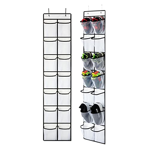 KEEPJOY Over the Door Shoe Organizer, Hanging Shoe Organizer with 4 Hooks, Shoe Holder with 14 Mesh Pockets Closet Door Shoe Storage Bag (White-2Pack) - Image 1