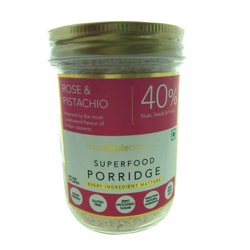 thenibblebox Rose & Pistachio Almond flour Superfood Porridge Instant Breakfast Mix, 200g Jar [40% dry fruits, gluten free, vegan friendly, no refined sugar, no wheat] 5.7g protein per serving - Image 1