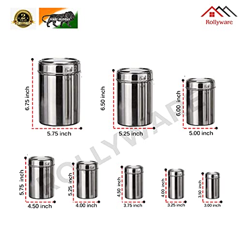 ROLLYWARE Stainless Steel Kitchen Storage container- Ubha Dabba - Canisters- 500, 850, 1200, 1400, 2000, 2500, 5000, 6000 Grams for Kitchen, Set of 8, Silver - Image 4