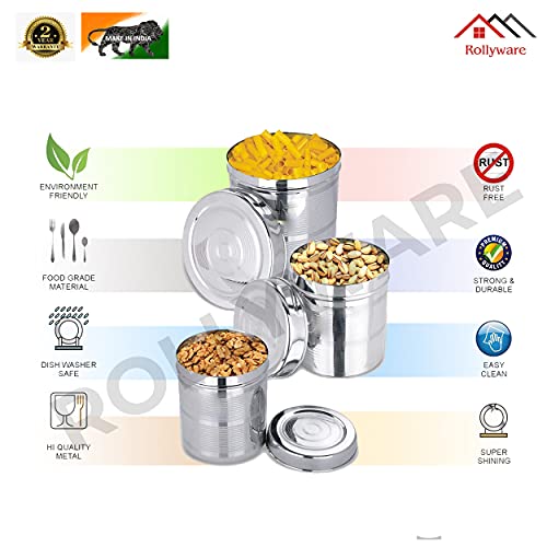ROLLYWARE Stainless Steel Kitchen Storage container- Ubha Dabba - Canisters- 500, 850, 1200, 1400, 2000, 2500, 5000, 6000 Grams for Kitchen, Set of 8, Silver - Image 2