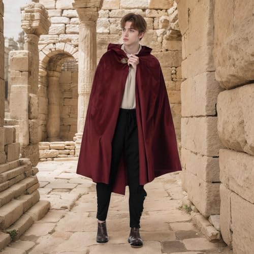 TOONRAIN Men's Adult Medieval Cloak Hoodie Velvet Renaissance Cape Halloween Dress Up (Round Buckle Brown Red,39.37'') - Image 4