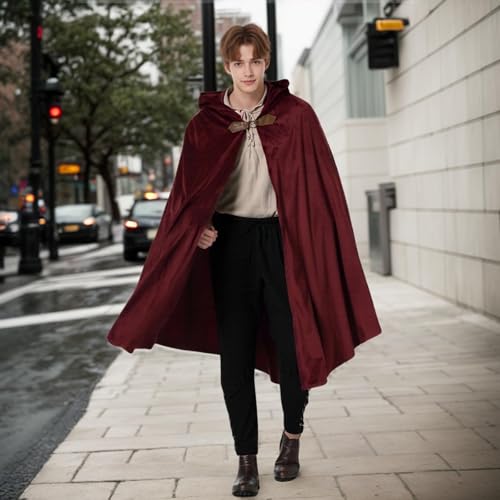TOONRAIN Men's Adult Medieval Cloak Hoodie Velvet Renaissance Cape Halloween Dress Up (Round Buckle Brown Red,39.37'') - Image 3