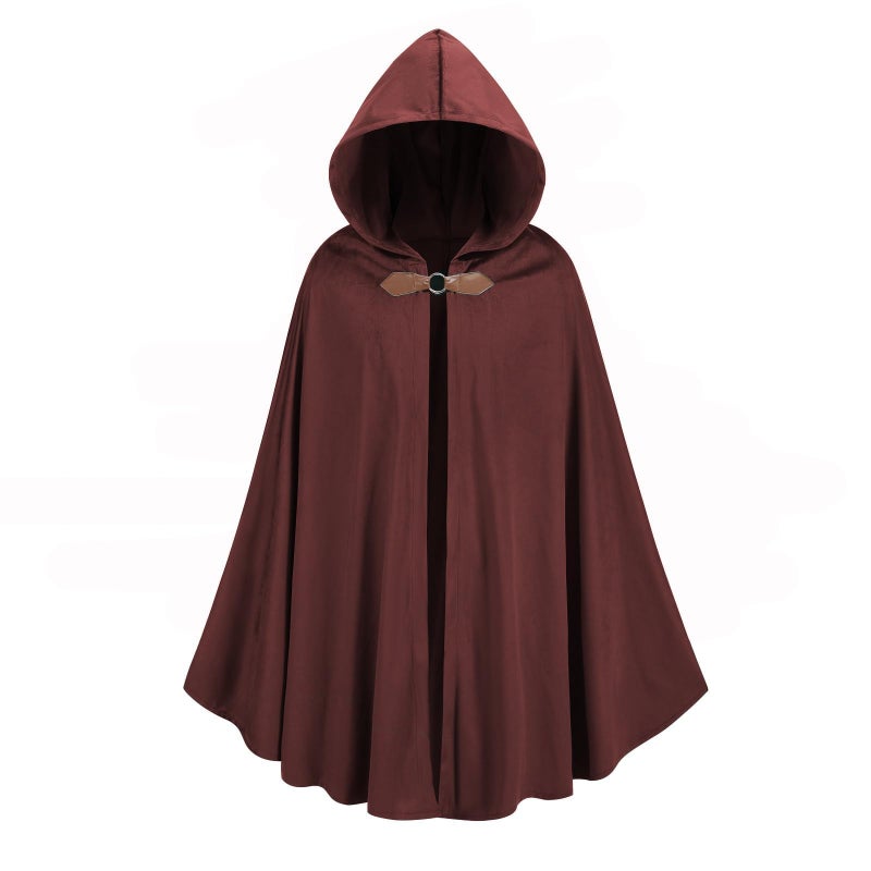 TOONRAIN Men's Adult Medieval Cloak Hoodie Velvet Renaissance Cape Halloween Dress Up (Round Buckle Brown Red,39.37'') - Image 2