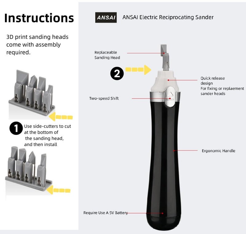ANSAI Electric Reciprocating Sander, With 8pcs 3D Print ABS Head For Hobbies,Art,Miniature,figure polishing,sanding - Image 3