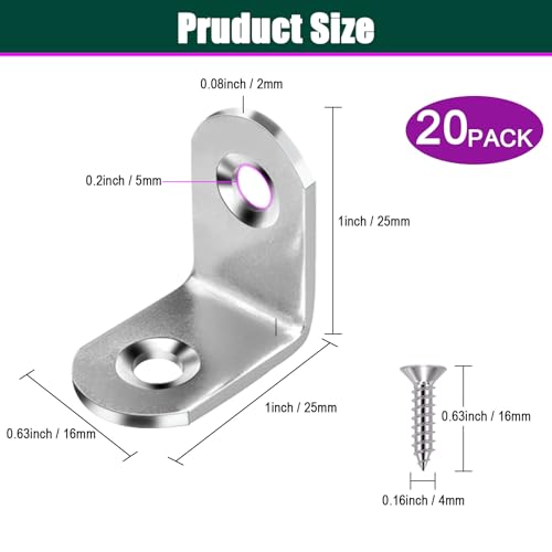 YEWLACA 20 PCS Corner Braces 25mm x 25mm Stainless Steel 90 Degree Joints Right Angle Bracket L Shaped Corner Brackets Fastener for Wood Furniture, Screws Included - Image 2