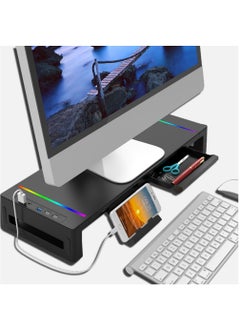 FlashHawk RGB Monitor Stand Riser Laptop Holder with 4 USB Hubs Storage Drawer and Phone Holder for Office Work  - Image 1