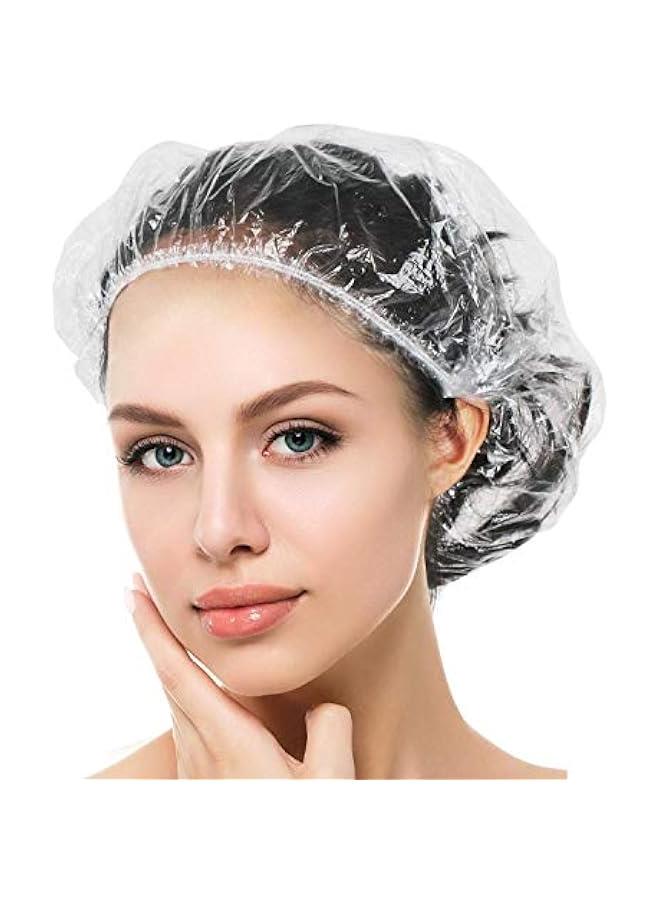 بيوينتي قبعات استحمام للاستعمال مرة واحدة، 100 قطعة من طواقي الاستحمام، قبعة استحمام للنساء مقاومة للماء، قبعة استحمام بلاستيكية شفافة للنساء، قبعات بلاستيكية سميكة لمعالجة الشعر، مقاس عادي 17.3 انش - Image 1