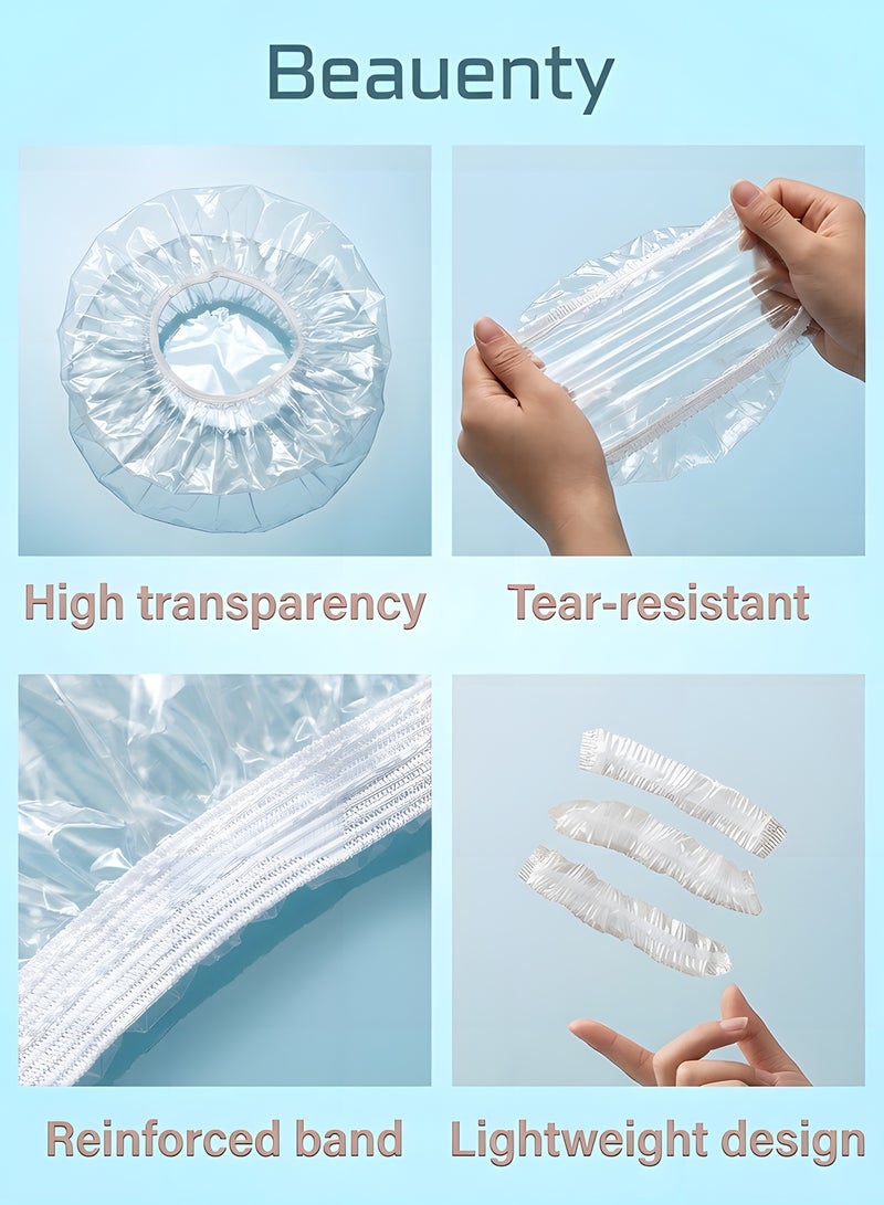 بيوينتي قبعات استحمام للاستعمال مرة واحدة، 100 قطعة من طواقي الاستحمام، قبعة استحمام للنساء مقاومة للماء، قبعة استحمام بلاستيكية شفافة للنساء، قبعات بلاستيكية سميكة لمعالجة الشعر، مقاس عادي 17.3 انش - Image 4
