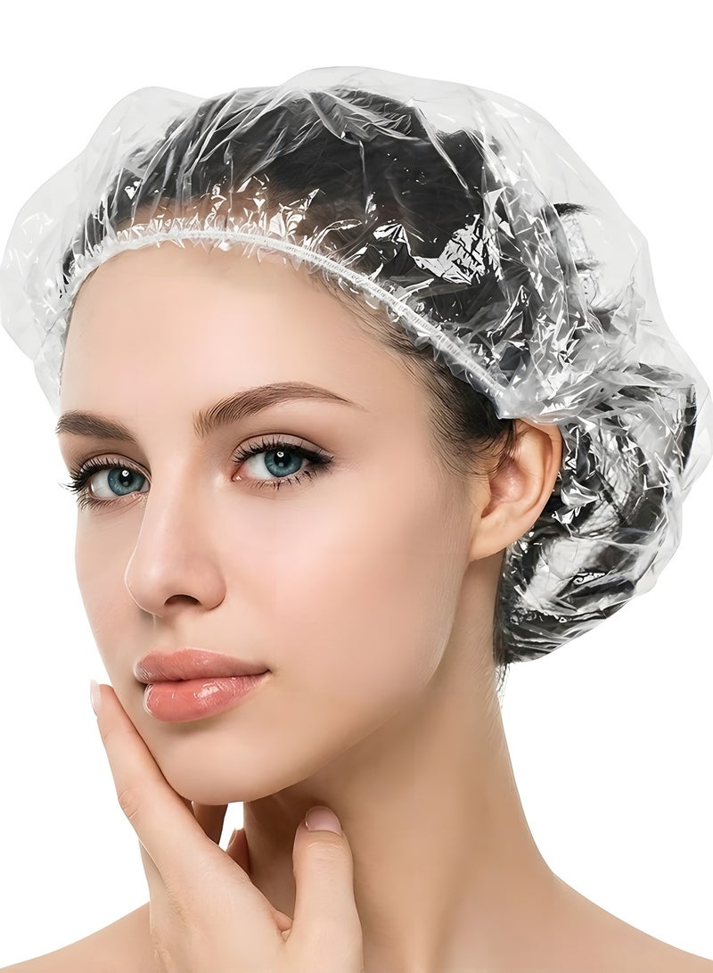 بيوينتي قبعات استحمام للاستعمال مرة واحدة، 100 قطعة من طواقي الاستحمام، قبعة استحمام للنساء مقاومة للماء، قبعة استحمام بلاستيكية شفافة للنساء، قبعات بلاستيكية سميكة لمعالجة الشعر، مقاس عادي 17.3 انش - Image 1