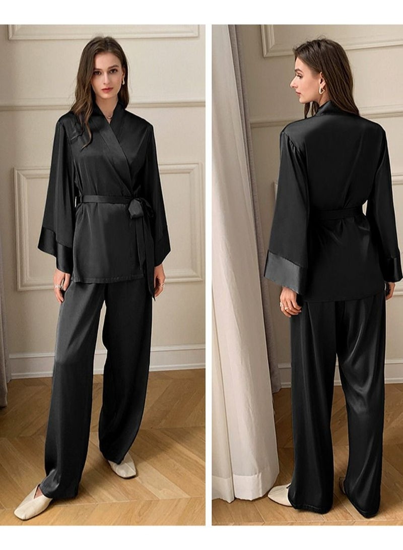 Loquat Women's Solid Color 2-Piece Set Nightgown Sleepwear Long Sleeve Top And Pants Soft Loungewear Pajamas Suit Black  - Image 3