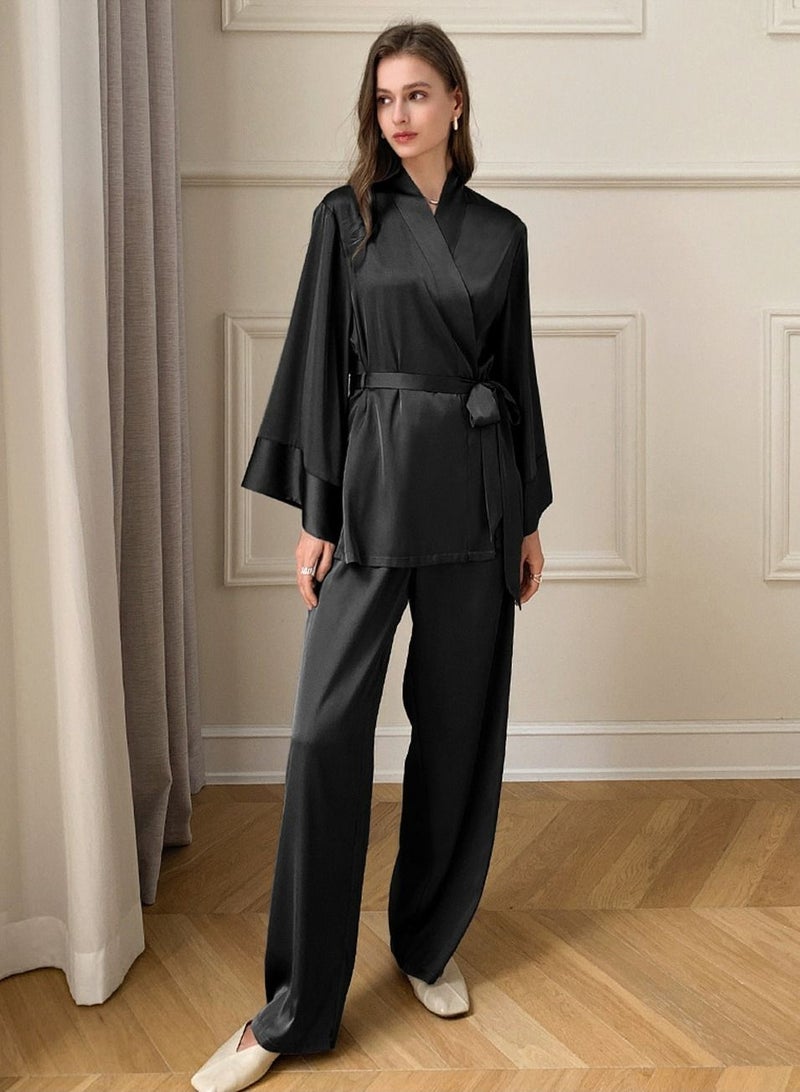 Loquat Women's Solid Color 2-Piece Set Nightgown Sleepwear Long Sleeve Top And Pants Soft Loungewear Pajamas Suit Black  - Image 1