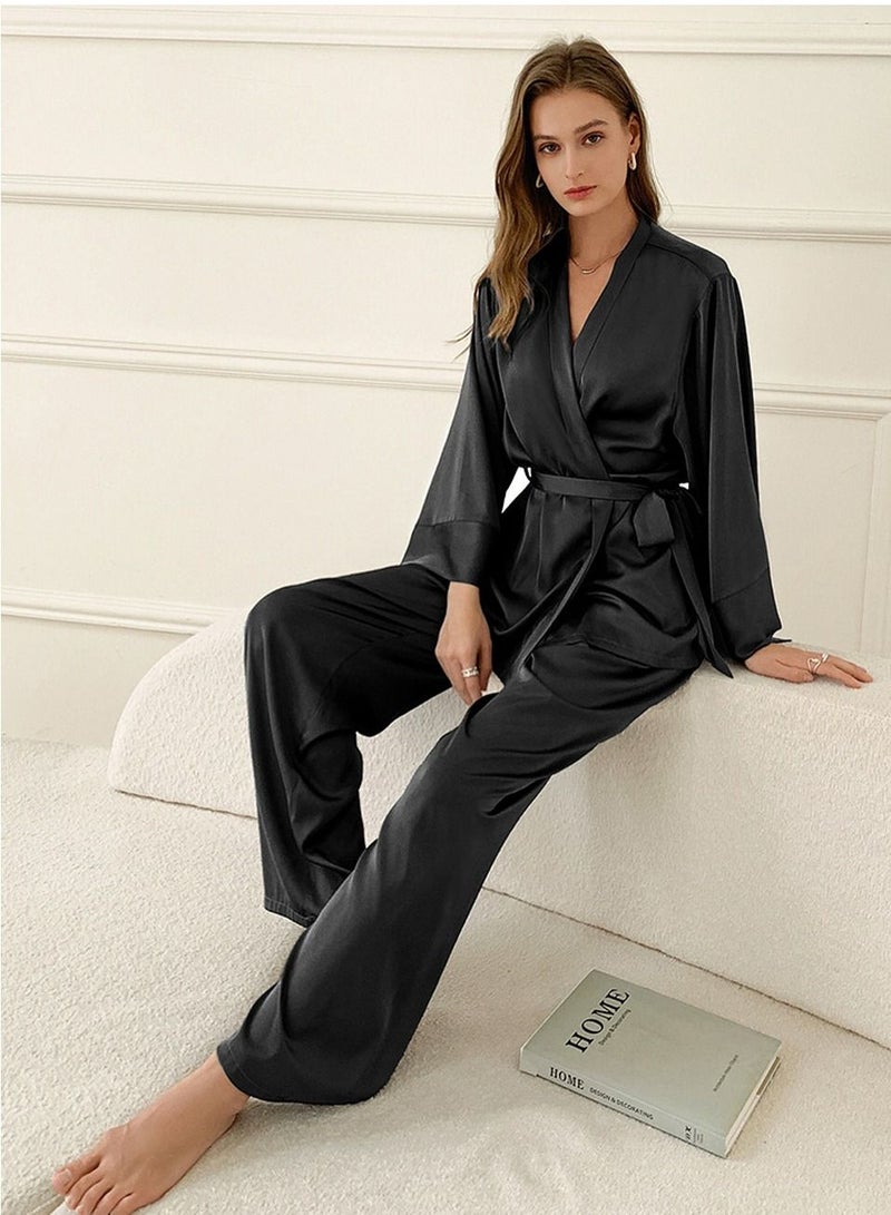 Loquat Women's Solid Color 2-Piece Set Nightgown Sleepwear Long Sleeve Top And Pants Soft Loungewear Pajamas Suit Black  - Image 2