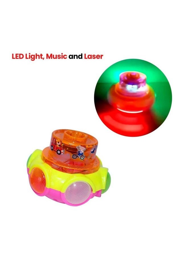 Cartoon Led Flash Light Music Lattoo;Lattu Face Spinning Top Glow At Night Press Launch High Speed Rotating Kid Toddlers Toy (Random Colour)