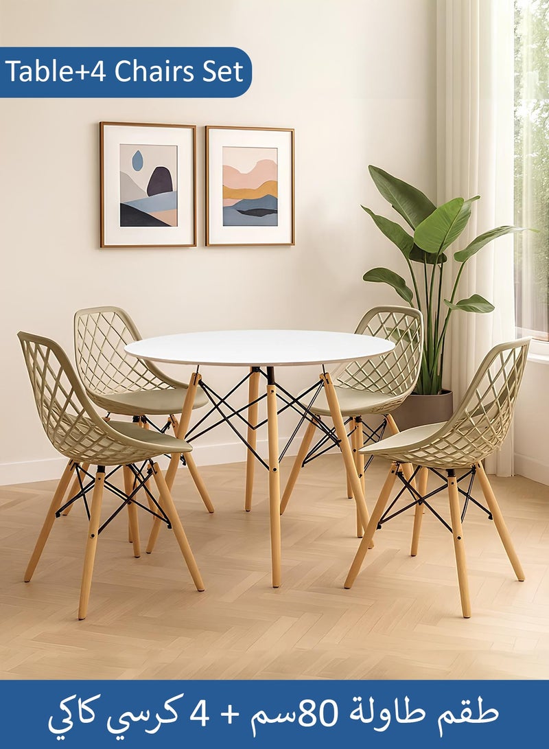 Taimi 5-Piece Compact Mid-Century Modern Dining Set | Round White Table 80x80x72cm with 4 Plastic DSW Shell Dining Chair Khaki - Image 1